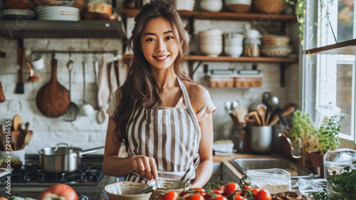 Young Korean woman vlogger baking and recording video for food channel.  photo