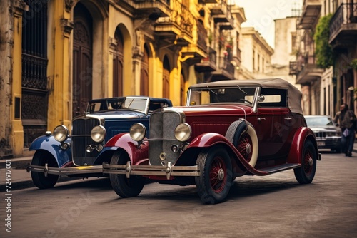 Two aged vehicles parked on the roadside, reminiscent of bygone days., Old vintage cars on a historic city street, AI Generated
