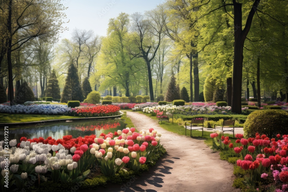 Obraz premium Capture the beauty of nature with this serene painting of a garden filled with colorful flowers and lush trees., Panoramic view to spring flowers in the park, AI Generated