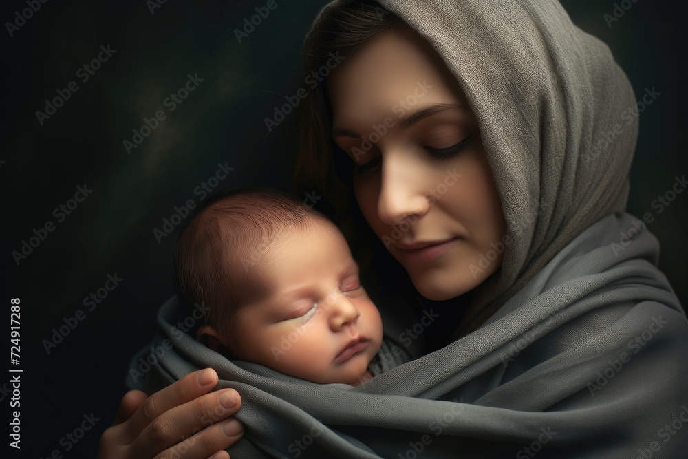 A nurturing woman tenderly holds a newborn baby, cradled in a snug blanket., Parenting and new life concept. Mother holding newborn baby boy in her arms, AI Generated A nurturing woman tenderly holds a newborn baby, cradled in a snug blanket., Parenting and new life concept. Mother holding newborn baby boy in her arms, AI Generated