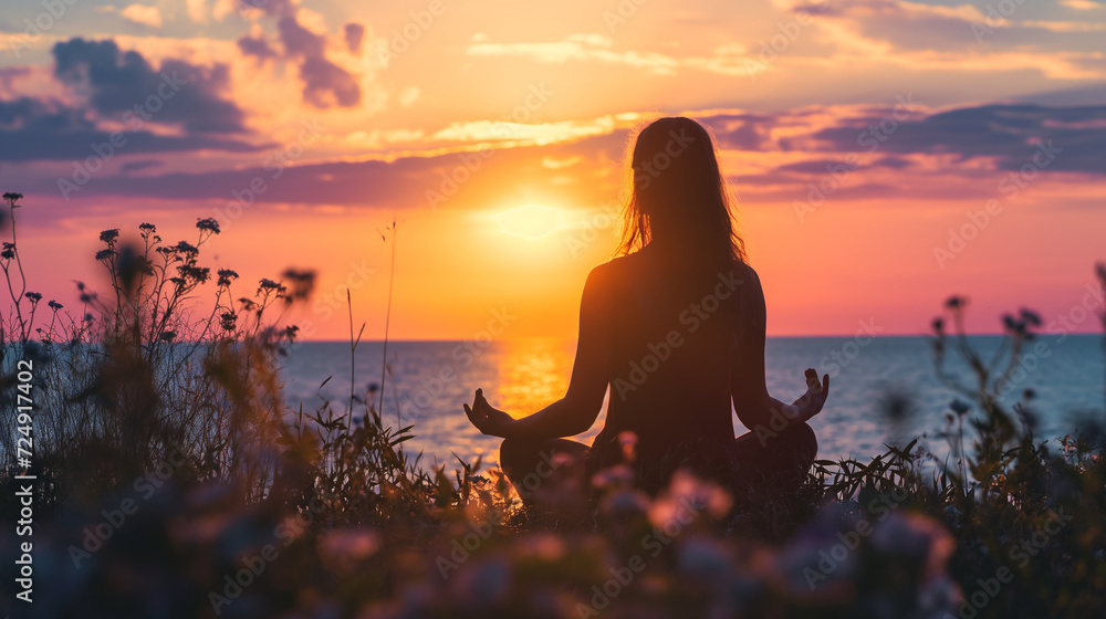 Beautiful meditation woman silhouette in sunset aura, in the nature, sitting on the grass, by the sea. Yoga practice  relaxation for community with nature and earth.  