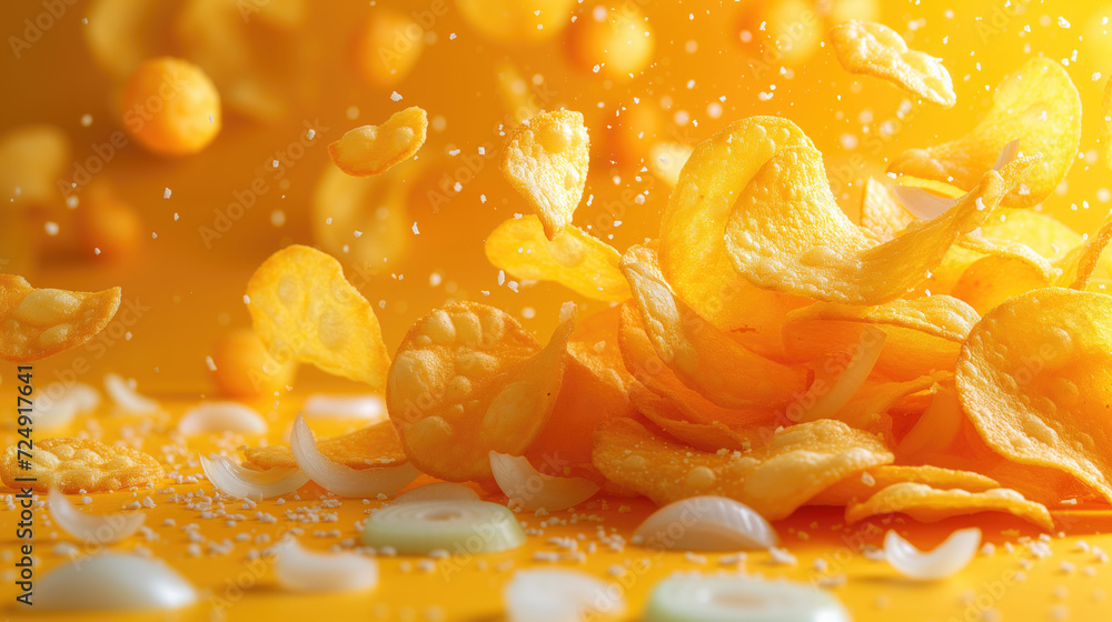potato chips floating on yellow background. potato chips floating on yellow background.