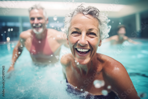 Retired Senior Enjoying Swimming and an Active Lifestyle in Pool Smiling Woman