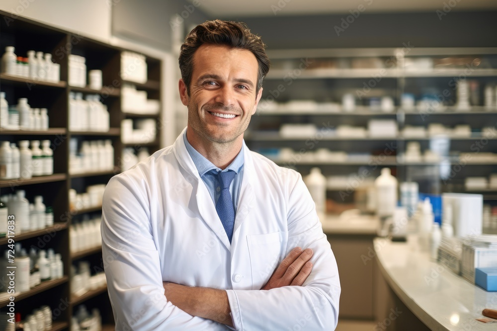 A scientist wearing a lab coat stands in front of a counter in a laboratory, Portrait of a cheerful handsome pharmacist leaning on counter at drugstore, AI Generated