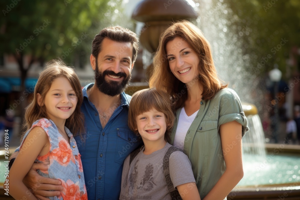 A family gathers together in front of a beautiful fountain, smiling for a perfect picture, Portrait of smiling family standing against fountain, AI Generated