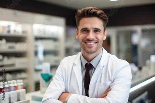 A man wearing a white lab coat and tie conducts experiments in a scientific laboratory  Portrait of a cheerful handsome pharmacist leaning on counter at drugstore  AI Generated