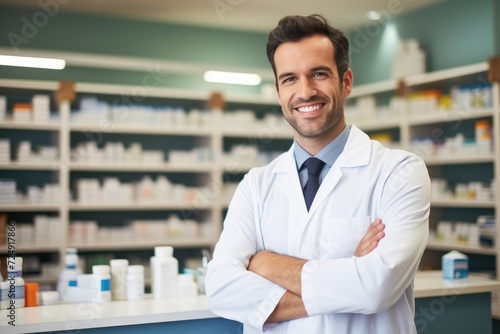A man in a lab coat stands in front of a counter, attentively observing an ongoing experiment, Portrait of a cheerful handsome pharmacist leaning on counter at drugstore, AI Generated
