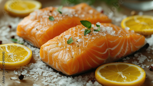 Grilled salmon fillet with salt cut into pieces on a yellow background. photo