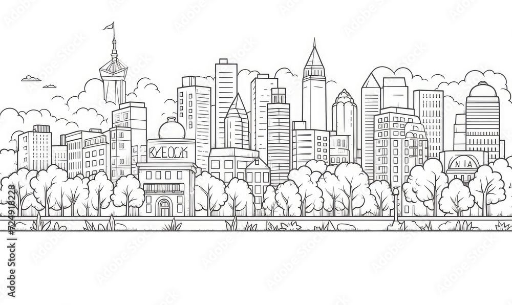 A black and white drawing of a city