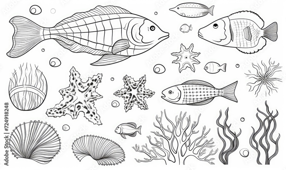 A black and white drawing of sea life A black and white drawing of sea life