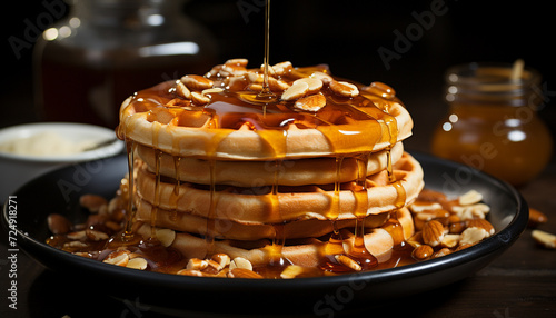 Stack of pancakes with honey syrup and fruit generated by AI