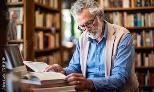 An old man is reading a book in a library photo