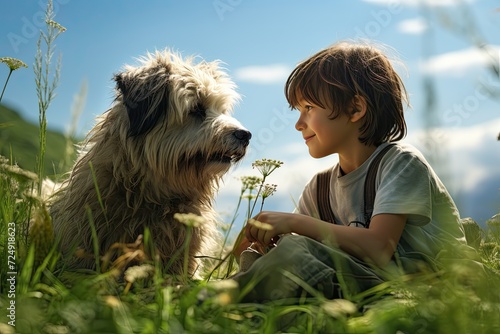 Close Up Photo of a child and a dog who knew their childhood friends.