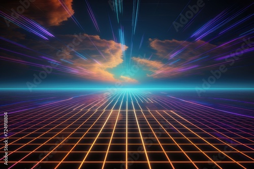 An eye-catching abstract background showcasing a compelling combination of flowing lines and ethereal clouds, Retro-futurist neon grid stretching towards the horizon, AI Generated