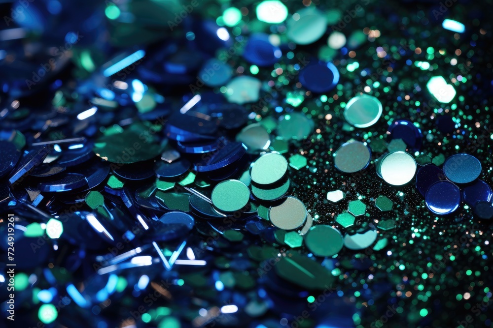 A multitude of blue and green glitter pieces on a contrasting black backdrop, Sapphire and emerald glitter sprinkled evenly against a matte black background, AI Generated