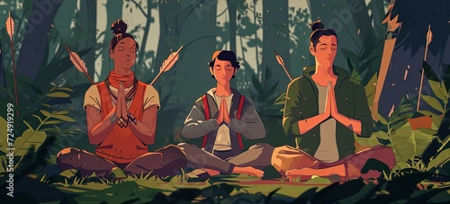 Three individuals engage in a meditative practice in a serene forest, surrounded by lush greenery and a sense of tranquility.