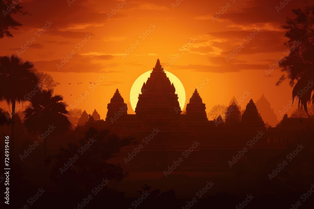 A breathtaking view of the sun gracefully descending above a serene temple nestled in the lush tropical jungle, Silhouette of an Indian temple against the setting sun, AI Generated