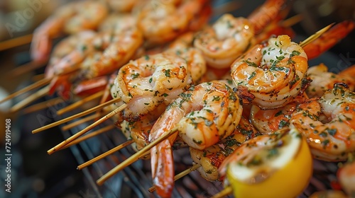 Juicy grilled shrimp skewers seasoned with fresh herbs and lemon, cooked to perfection over a smoky grill, ideal for a summer barbecue.