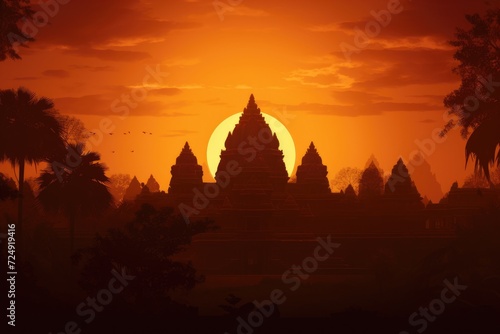 A breathtaking view of the sun gracefully descending above a serene temple nestled in the lush tropical jungle, Silhouette of an Indian temple against the setting sun, AI Generated