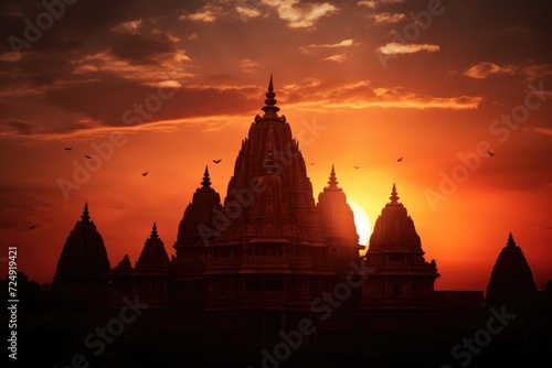 The sun gracefully sinks below the horizon, casting a stunning sunset glow behind a towering city building, Silhouette of an Indian temple against the setting sun, AI Generated photo