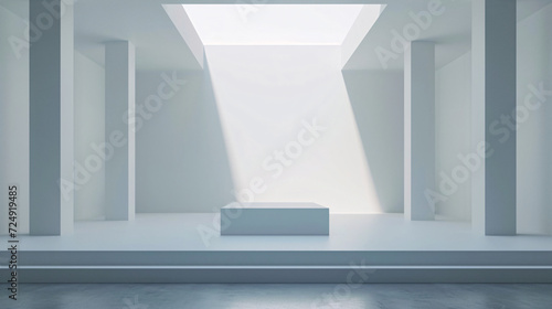 A modern art gallery interior bathed in natural light with a single spotlighted display podium centered in a clean, spacious room.
