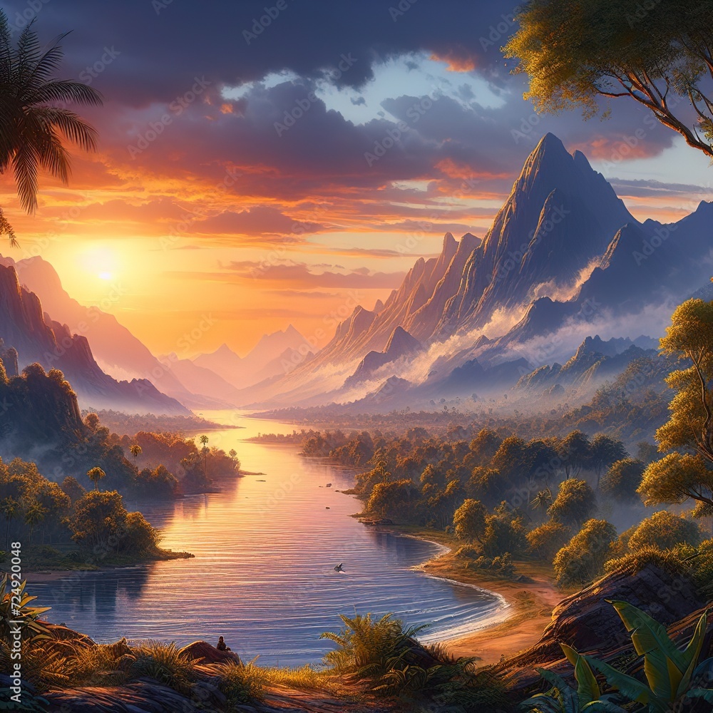 A digital painting of a river or lake and mountains with a sunset or sunrise in the background
