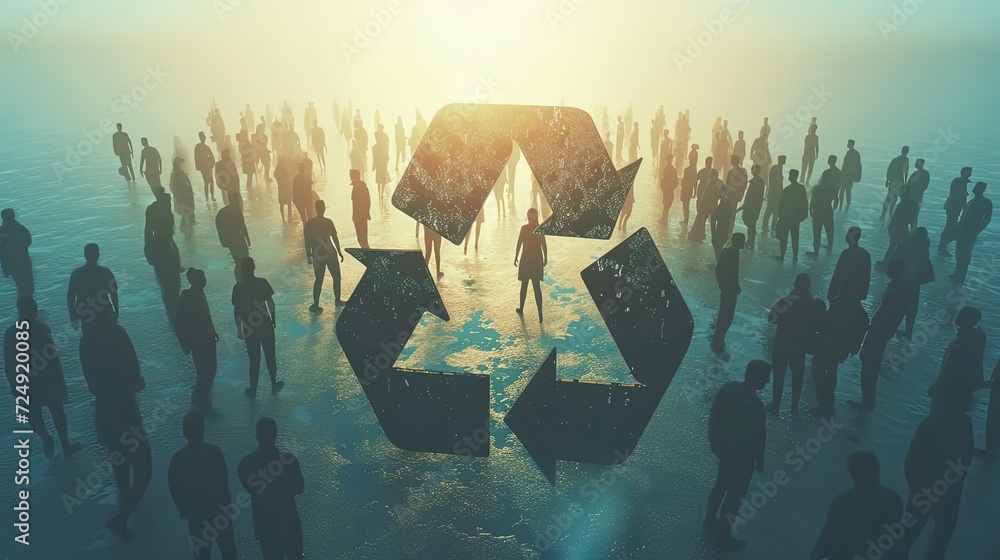 A conceptual image of silhouetted figures gathering around a large recycle symbol, representing community involvement in sustainability efforts. - obrazy, fototapety, plakaty 