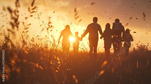 Silhouette of a family walking together through a field during a beautiful sunset, with golden light casting a warm glow.