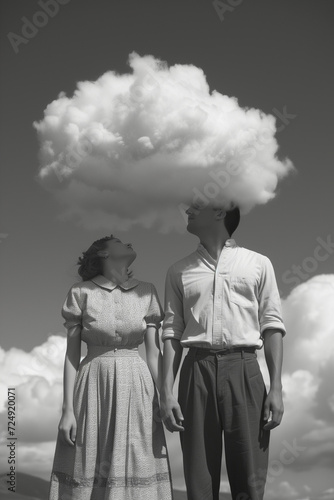 Young couple standing under white cloud together holding each other for hands. Love, cute, romantic scene.