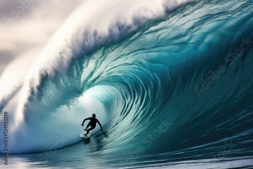 Experience the exhilaration of a man skillfully riding a wave on his surfboard, Surfer on Blue Ocean Wave in the Tube Getting Barreled, AI Generated