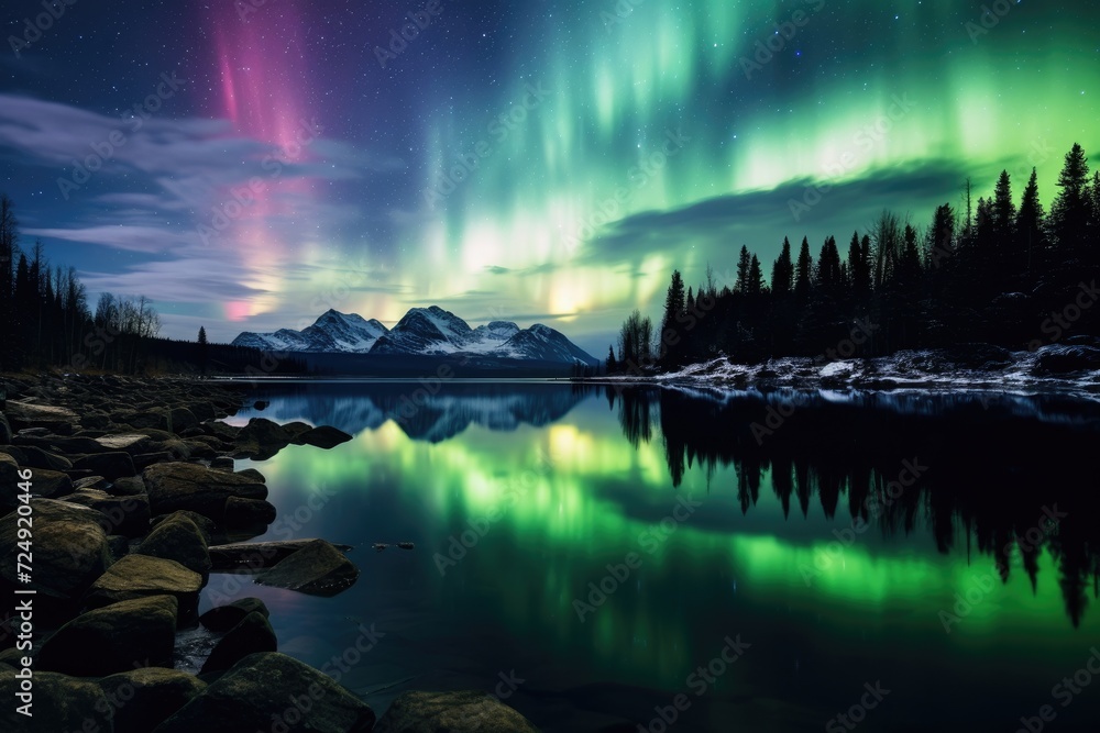 The breathtaking moment when the colorful lights of the Aurora Borealis are mirrored in the calm and serene waters, The aurora borealis over a serene lake, AI Generated