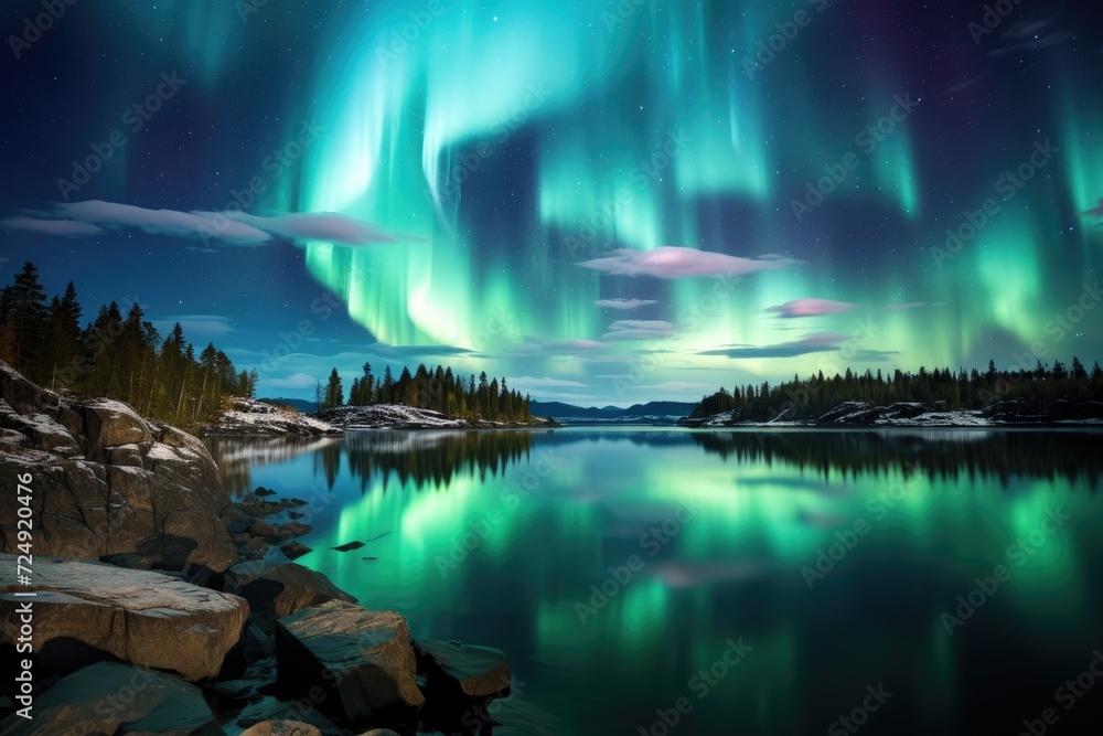 Aurora Borealis Shining Over a Serene Lake Surrounded by Rocks, The ethereal beauty of the Northern Lights, AI Generated