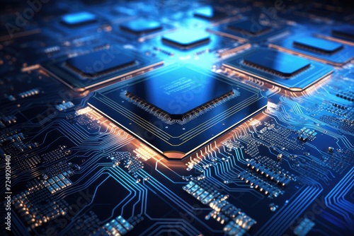 A detailed, up-close photo showcasing the complexity and precision of a computer chip resting on top of a circuit board, Technology background Central Computer Processors CPU concept, AI Generated