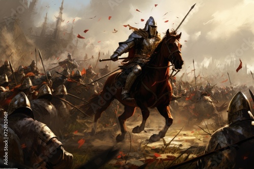 Painting Depicting a Battle With a Gallant Horseman Leading the Charge, The charge of knights in a medieval battle, AI Generated photo