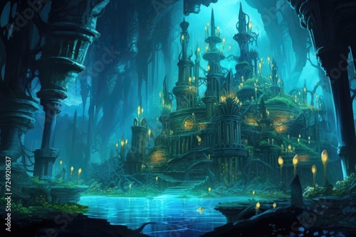 A magnificent fantasy castle stands tall amidst a breathtaking forest landscape, The lost city of Atlantis, glowing with luminescent sea creatures, AI Generated