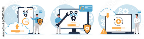 Set of system update vector illustrations. Character programmers update the operating system. System maintenance, software and program updates, technology. Technical error and maintenance.