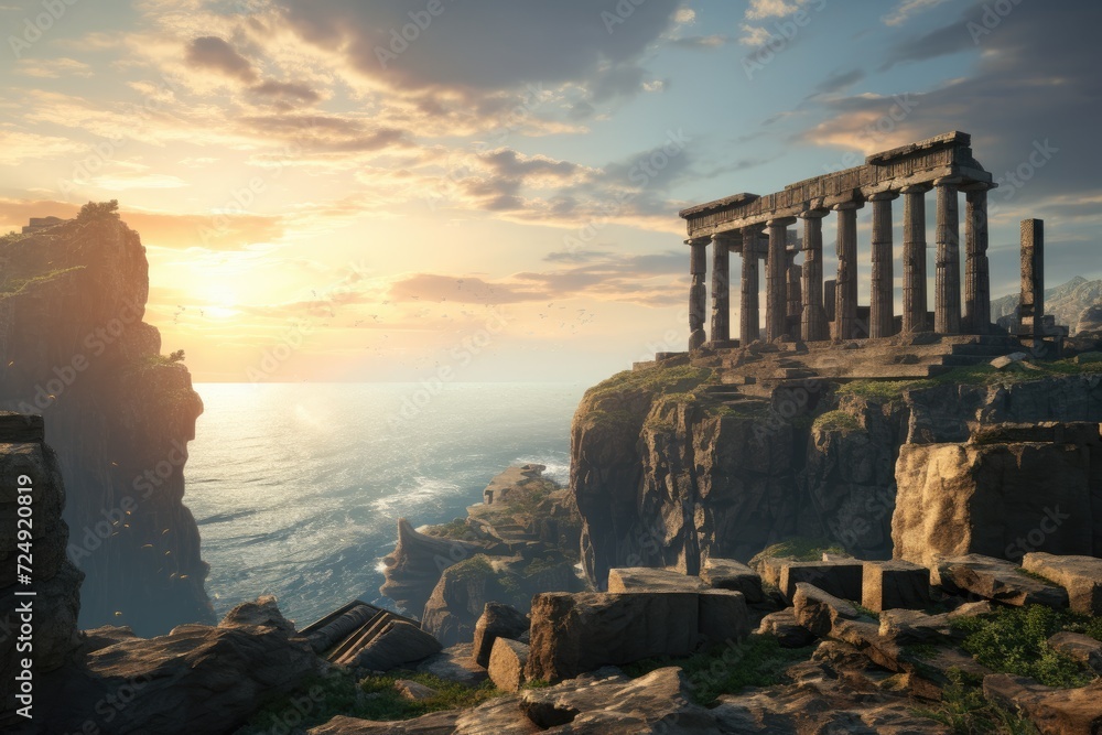 Discover the remnants of the ancient Greek city of Delphinia, providing a window into the rich history of the region, The ruins of an ancient Greek temple on a cliff, AI Generated