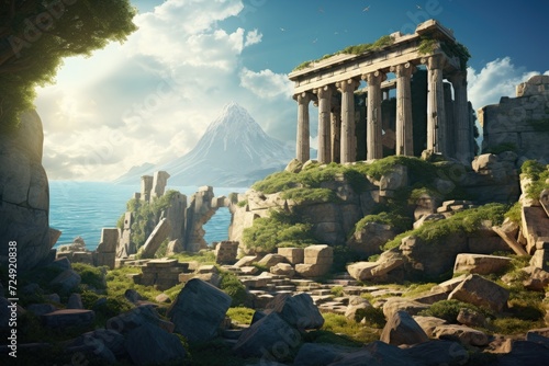This photo captures the remains of Delphinia, an ancient Greek city, showcasing its historical significance and architectural marvels, The ruins of an ancient Greek temple on a cliff, AI Generated