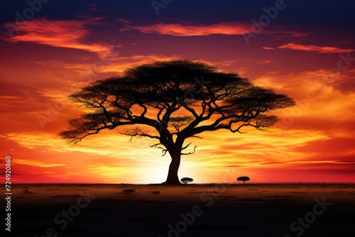 A stunning tree stands tall in the middle of a vast field, surrounded by the warm hues of a breathtaking sunset, The silhouette of a lone tree on an African savanna, AI Generated