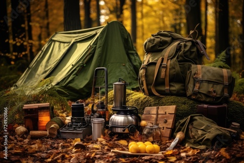 A serenely nestled green tent amid the lush wilderness of the forest offers a peaceful camping experience, Tourist's survival kit and camping tent in autumn forest, AI Generated