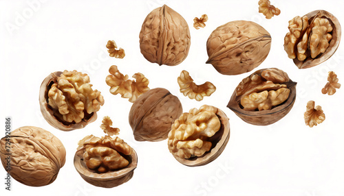 Flying walnuts isolated on white background