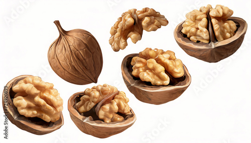 Flying walnuts isolated on white background