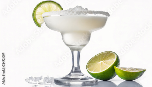 Glass of tasty margarita cocktail isolated on white background