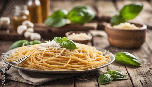 Delicious Italian spaghetti pasta with fresh basil leaves and grated parmesan cheese in the white plate photo