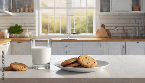 Plate with cookies and glass of milk on table in modern kitchen photo