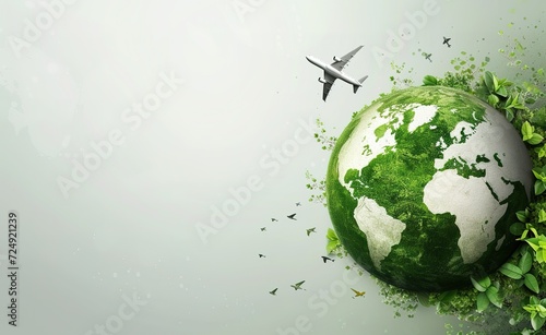 Eco-friendly travel concept: green foliage forms airplanes and cityscape, illustrating nature conservation and sustainable aviation