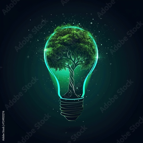 Illuminated green energy concept with a lush tree growing inside a light bulb symbolizing clean energy solutions and sustainable resources