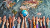 An array of multicultural hands reaching towards a small globe centered on a large world map, symbolizing unity, global diversity, and cooperation.