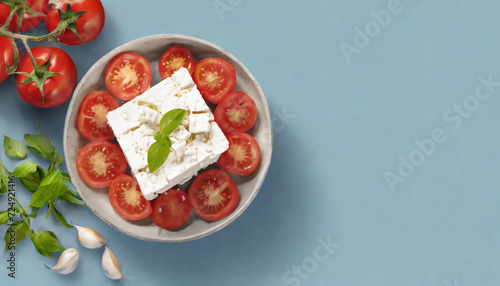 Top view bowl with tasty cut feta cheese and tomatoes on table blue background with copy space photo