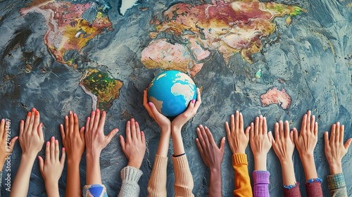 An array of multicultural hands reaching towards a small globe centered on a large world map, symbolizing unity, global diversity, and cooperation.